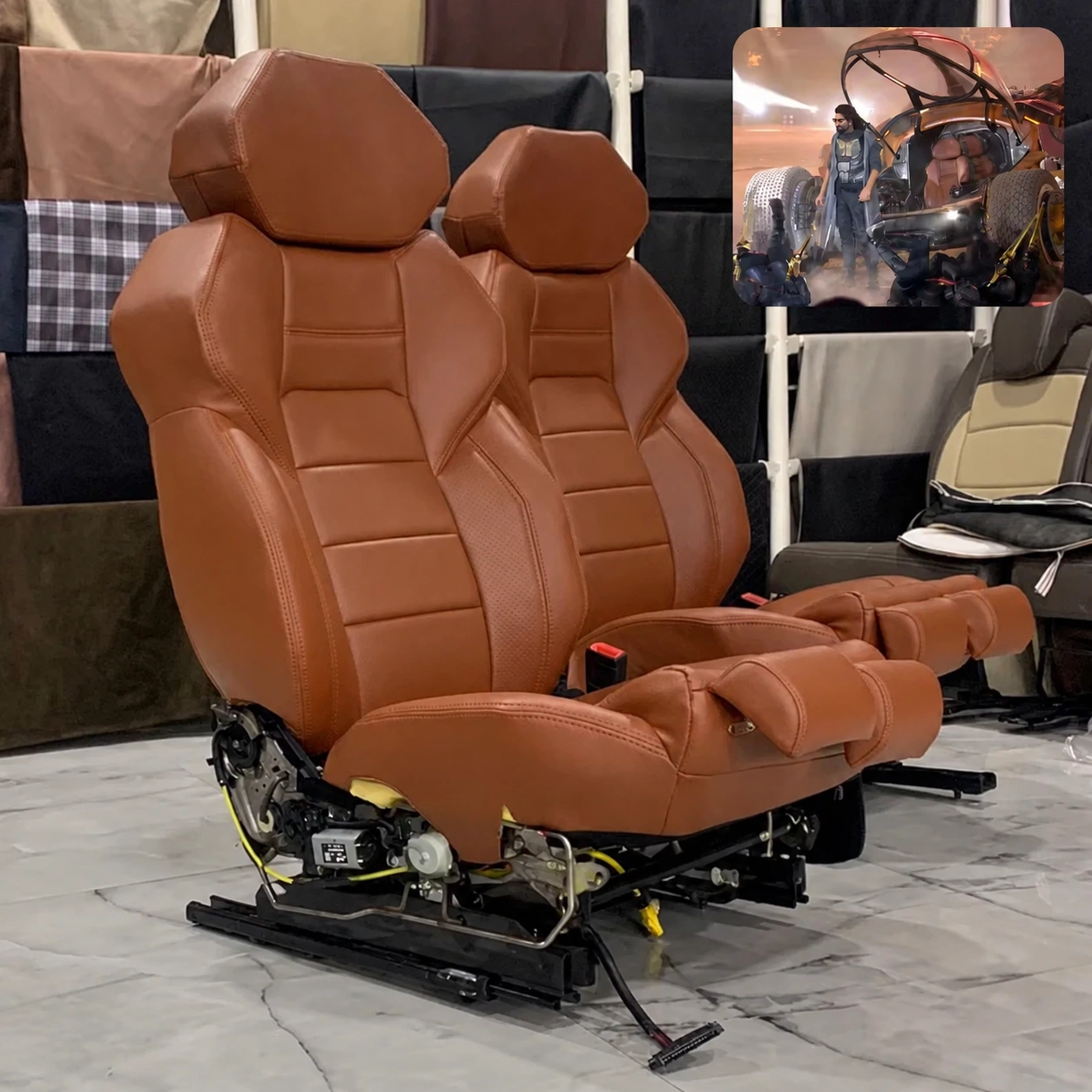 Tan sculpted custom seats for the Kalki Bujji vehicle